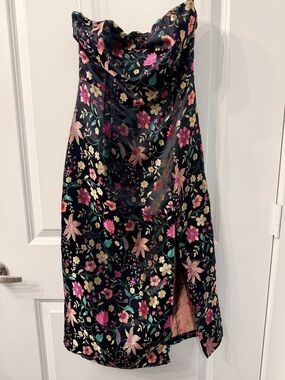 Lulu's Black Satin Floral Slip Dress with Pink & Green Embroidery